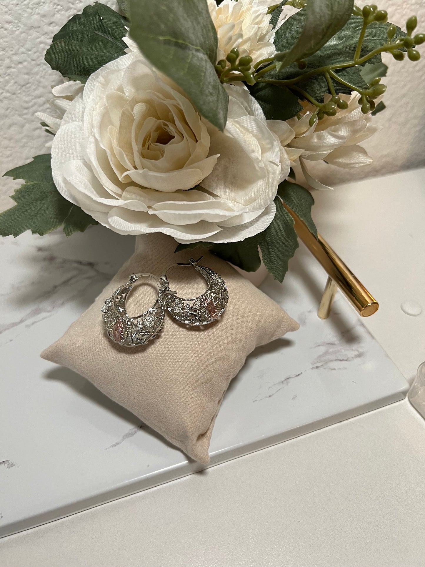 Silver Virgin Mary basket Hoops