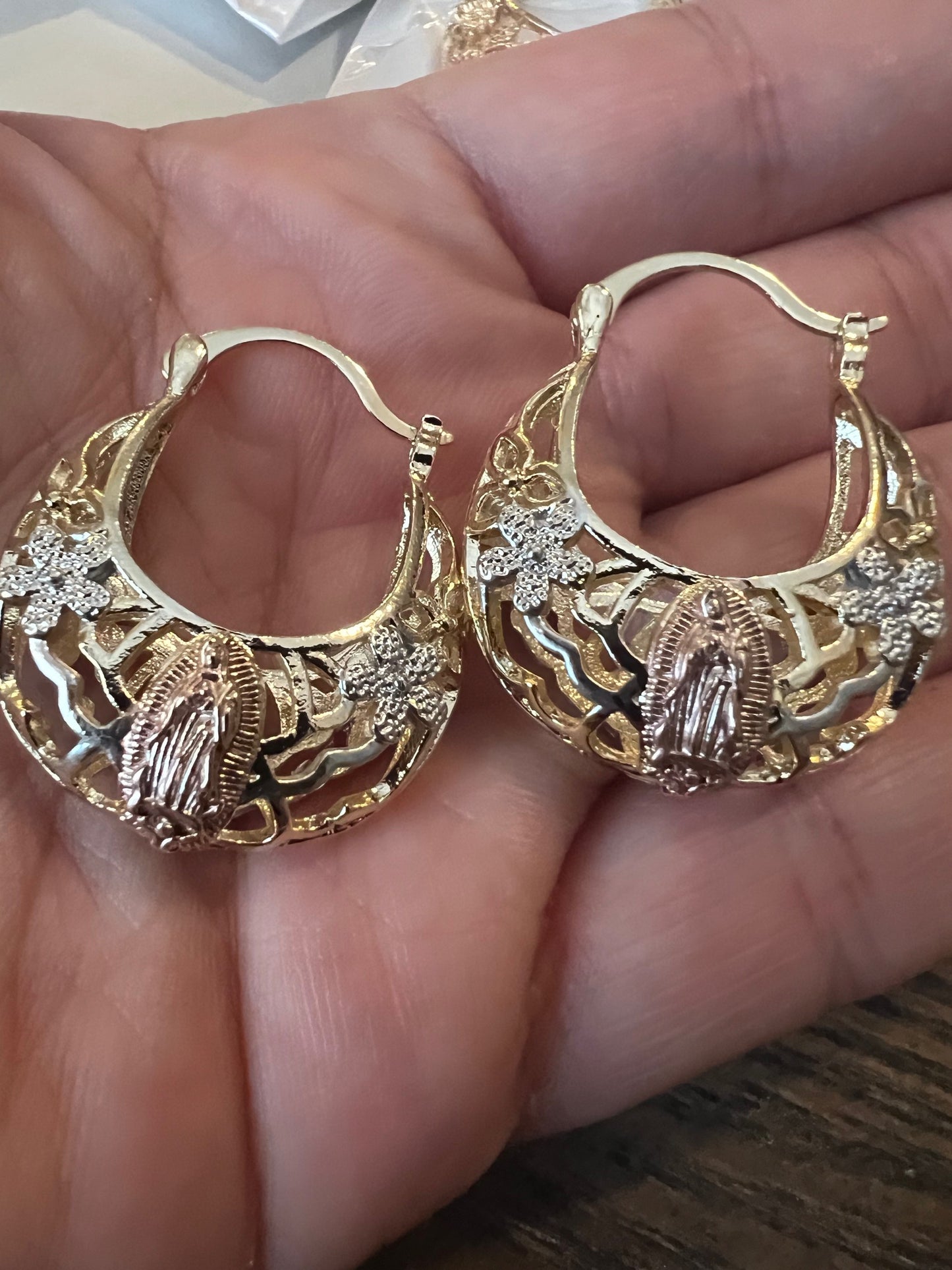 Tri Color Virgin Mary Basket Hoop Earrings