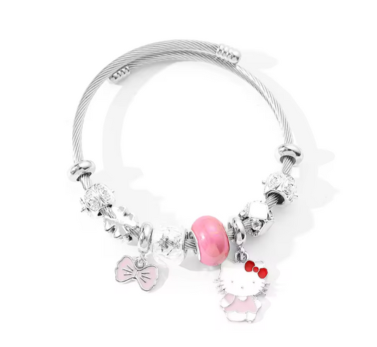 Charming Kitty Heart Pendant with Open Beaded Bracelet